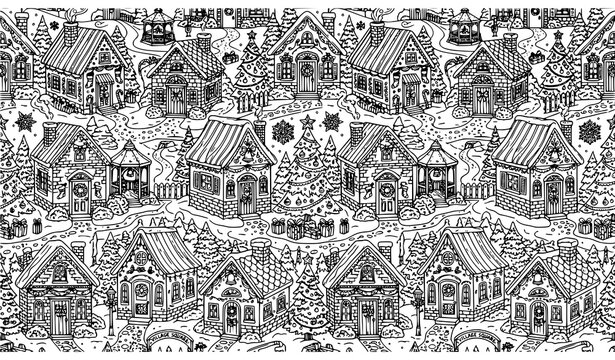 Seamless Christmas house doodle pattern for adult coloring pages with festive winter village elements