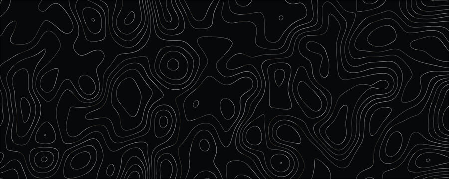 White topographic map contour lines on a solid black background representing geographical elevation data in a repeating linear pattern