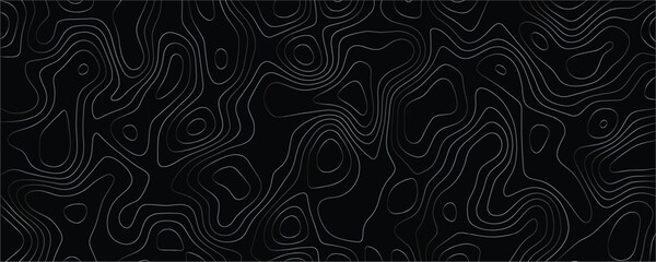 Topographic map pattern with thin grey contour lines on a solid black background representing elevation changes and geographic terrain in a repeating abstract style © VxGFX