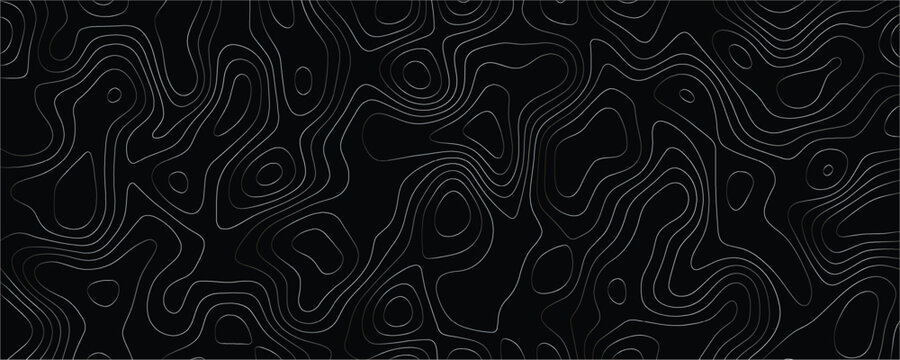 Topographic map pattern with thin grey contour lines on a solid black background representing elevation changes and geographic terrain in a repeating abstract style