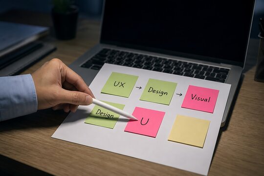 Designer is arranging sticky notes on a paper to visualize the user experience and design process.