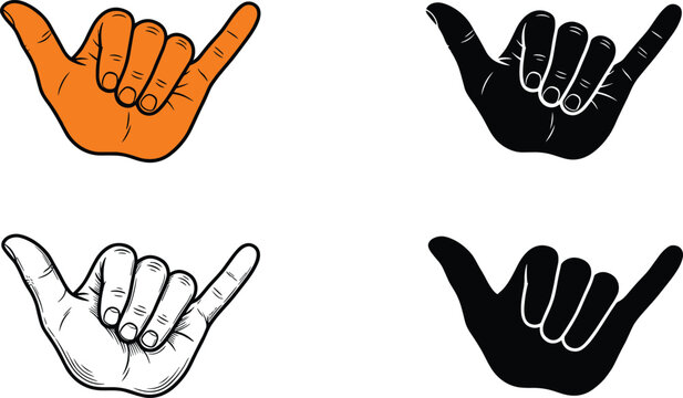Shaka Hand Gesture Vector Set with &ldquo;Hang Loose&rdquo; Sign in Flat Color, Solid Black, Line Art, and Sketch Styles for Surf, Beach, Casual, and Lifestyle Illustrations.