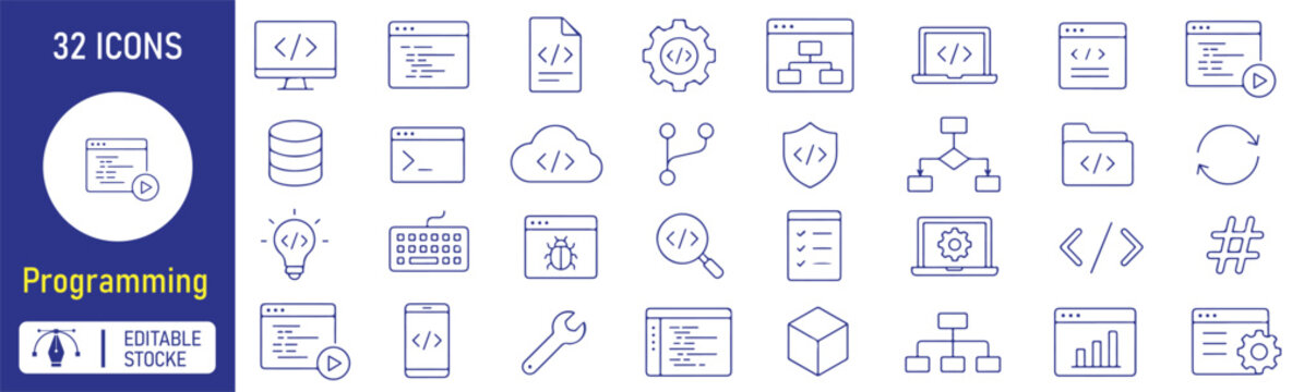 Set of 32 Programming icons Each icon will be different, create a vector outline icons using white background and black color