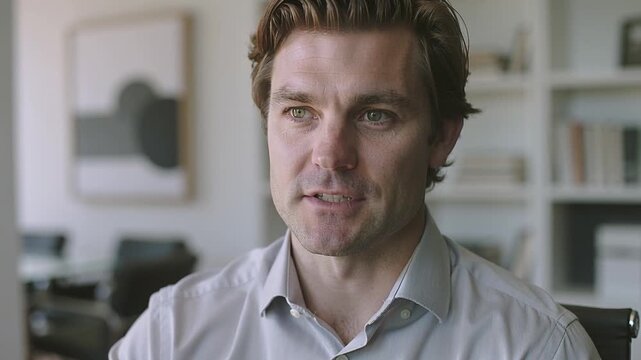 Caucasian male in light gray shirt speaks directly to the camera in a modern office setting, with bookshelves and abstract art visible in the background
