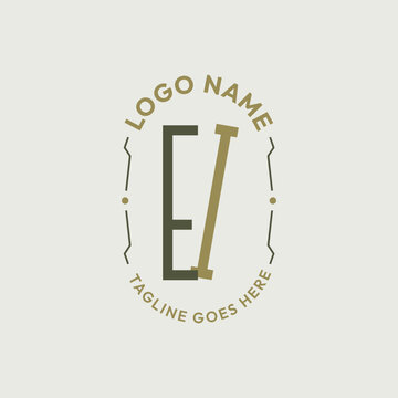 EI Letter Monogram Logo Design, Letter EI Logo Elegant Olive Green Gold Oval Badge Template