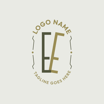 EE Letter Monogram Logo Design, Letter EE Logo Elegant Olive Green Gold Oval Badge Template