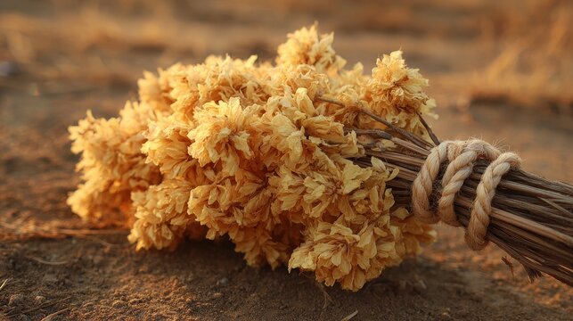 Bundle of Dried Brittle Flower Heads Tied with Twine on Textured Ground
