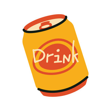 Bright yellow aluminum soda can with Drink text and red logo. Refreshing beverage icon in modern flat design, for fast food combo ads, refreshment menus, and cafe icons.