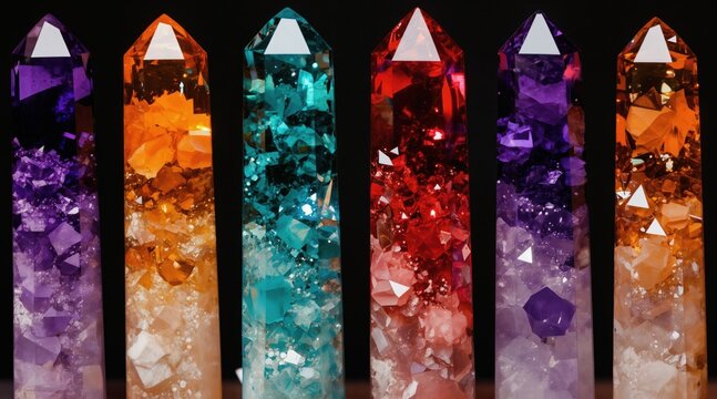 Six faceted crystal towers in vibrant purple, orange, teal, red hues. Polished mineral points feature internal stone fragments, creating textured look. Perfect for holistic wellness spiritual decor.
