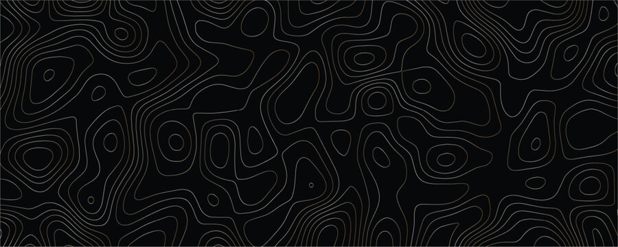 Topographic map contour lines pattern with thin bronze lines on a solid black background representing geographical elevation data and terrain mapping