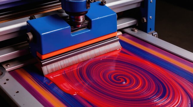 Automated machine applies vibrant red ink in swirl pattern onto blue surface. Precision printing equipment creates graphic design with smooth, controlled motion. Production process for custom