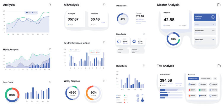 Analytics dashboard interface set with charts, KPI cards, progress indicators, metrics, and data visualization design
