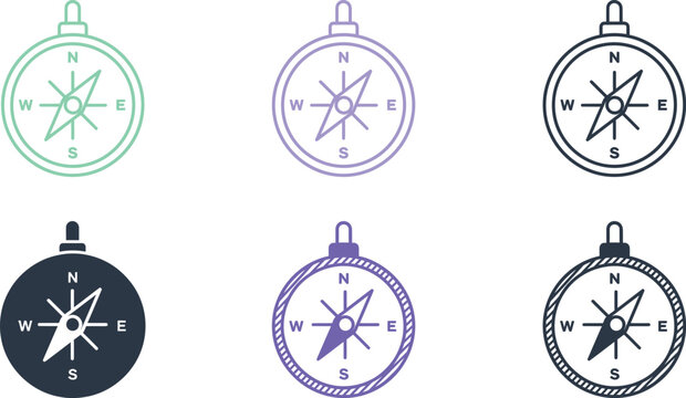 Collection of six compass icons in different colors and line art styles.Compass Icon Collection in Minimal Line Art Style. Direction and Exploration Concept