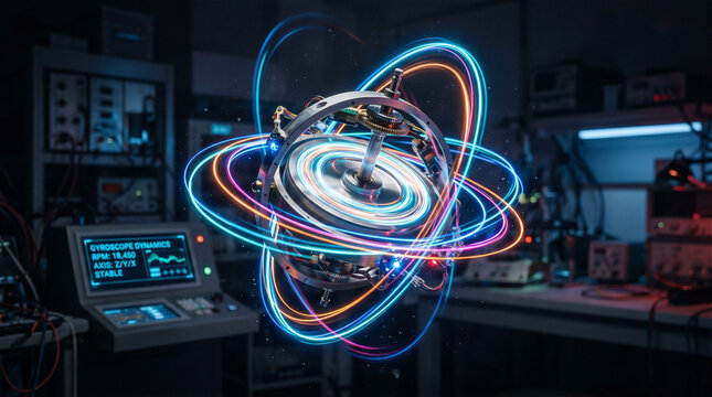 Floating Gyroscope Spinning with Motion Trails
