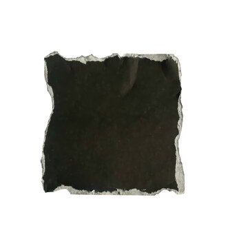 A black torn paper square on a white background, resembling a ripped piece of paper