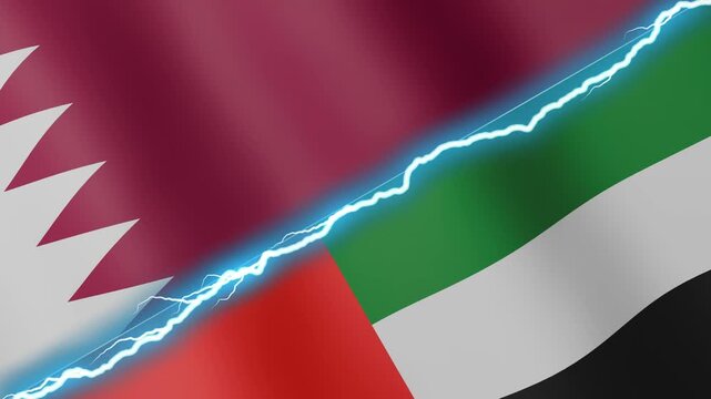 Two waving flags Qatar and United Arab Emirates with diagonal lightning seamless, 4k loop