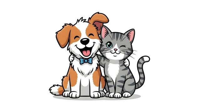 Charming cartoon illustration of a friendly dog and a winking cat, playfully depicting a heartwarming bond and companionship, ideal for pet-themed designs
