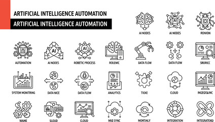 Fototapeta premium Artificial intelligence automation line icon collection with AI nodes, robotic process, data flow, cloud sync, and analytics symbols