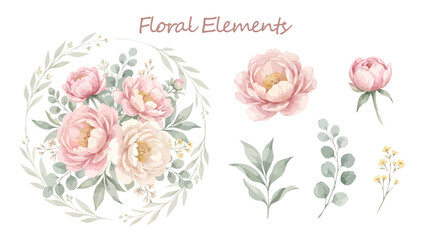 Watercolor floral elements with peony blooms and green leaves © Abdul