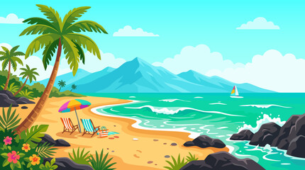 Fototapeta premium Tropical beach illustration with palm trees and ocean view