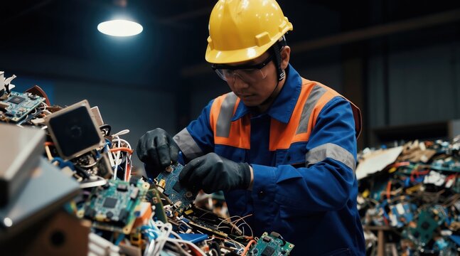 Asian worker in yellow hard hat sorts electronic waste circuits. Man wears safety vest gloves in recycling facility. He processes scrap tech for reuse.
