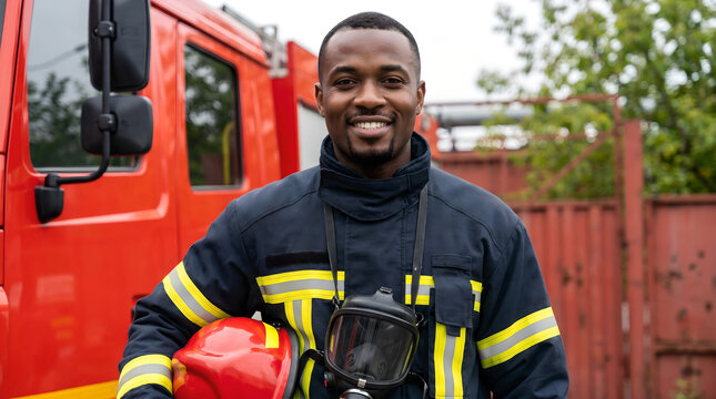 Firefighter portrait on duty. Photo of happy fireman with gas mask and helmet near fire engine