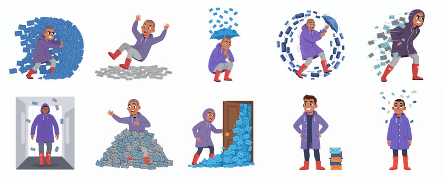 Vector set of a man struggling with email overload and digital communication stress, illustrating inbox management concepts.