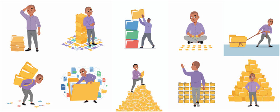 Set of vector illustrations showing a man managing an overwhelming amount of folders and documents, symbolizing data management and office workload.