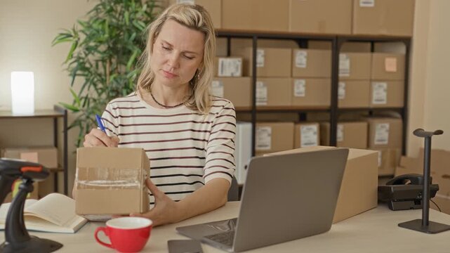 Woman writing on parcel with pen while holding a box at a packing desk with laptop and scanner in building; small business focus.