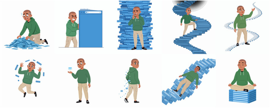 Concept Illustrations of a Man Struggling with Information Overload, Digital Burnout, and Browser Tab Management Stress