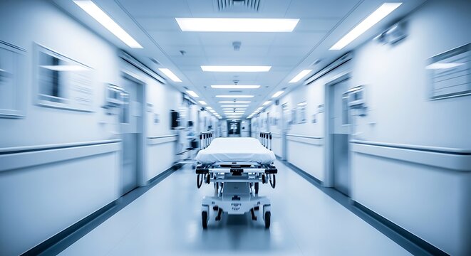 A blurry image of an empty hospital corridor with a gurney in the center