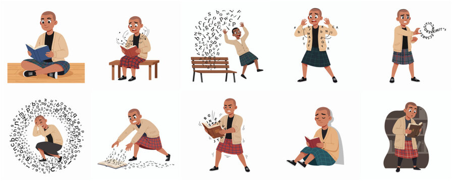 Set of illustrations depicting a young student struggling with dyslexia, reading difficulties, and letter confusion, showing various emotional states and learning challenges.