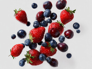 Obraz premium Vibrant strawberries, blueberries, and cherries tumble in mid-air against a crisp white backdrop. This high-resolution flat lay captures a dynamic, fresh fruit explosion perfect for healthy designs.