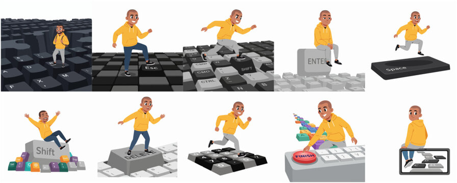 Cartoon young man in yellow hoodie interacting with giant computer keyboard keys and buttons set, concept of digital navigation and technology interaction vector illustration