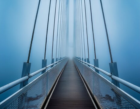 symmetrical modern cable stayed bridge with pedestrian walkway and sweeping cables vanishing into mist a calm blue minimalist scene