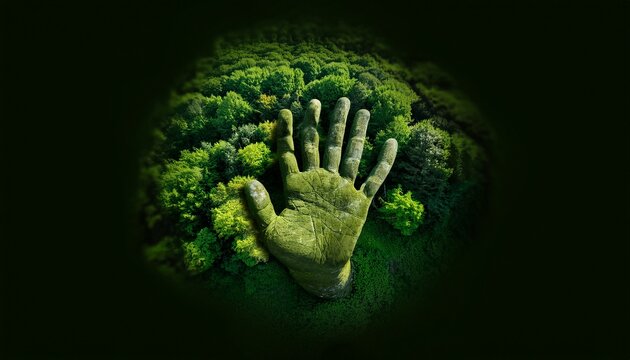aerial view of a colossal moss covered stone hand emerging from a dense green forest canopy mysterious and protective evoking awe and serene wonder
