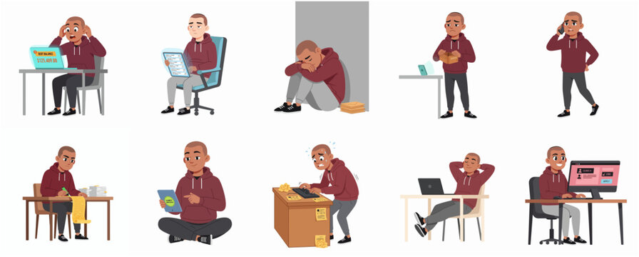 Set of Cartoon Illustrations Depicting a Man Struggling with Debt, Financial Problems, and Job Search