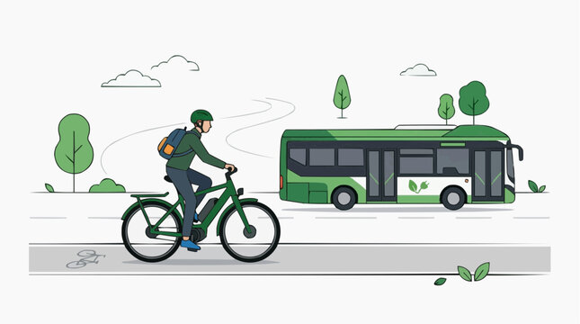 Man riding bicycle next to green bus on road with trees and clouds