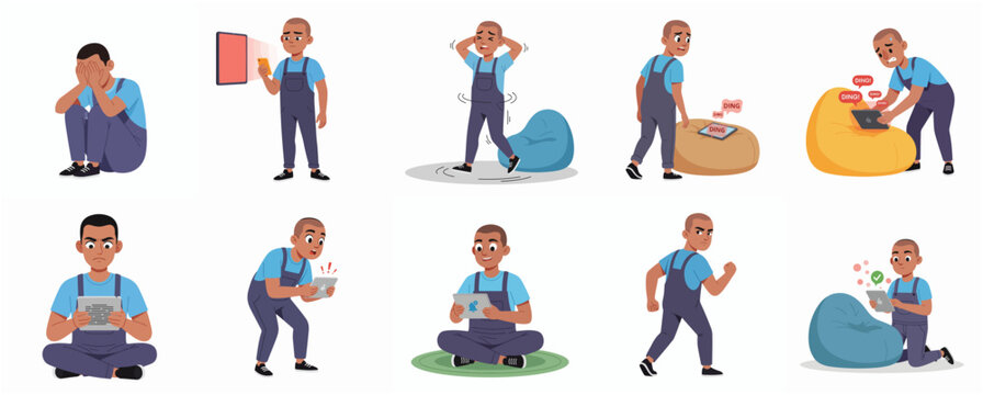 Illustration set of a boy experiencing digital addiction, social media anxiety, and stress from constant smartphone and tablet notifications