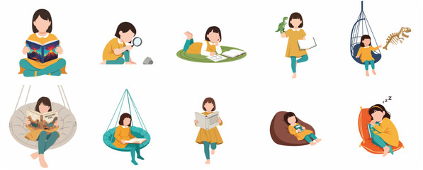 Vector illustration set of a little girl learning about dinosaurs, reading books, exploring fossils, and dreaming about prehistoric times, isolated on white background. © Camelia