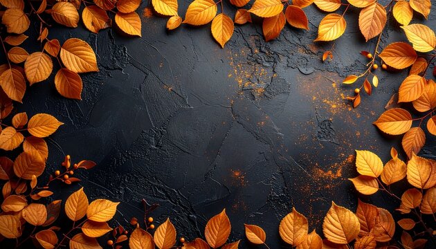 Delicate golden autumn leave frame with dark textured background