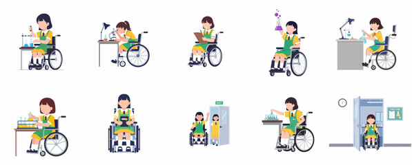 Fototapeta premium Set of inclusive education illustrations featuring a girl student in a wheelchair performing science experiments in a lab