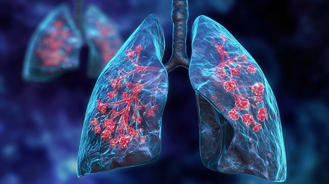 Lung Fibrosis medical 3D illustration showing progressive scarring of lung tissue, interstitial pulmonary fibrosis respiratory disease, damaged alveoli and breathing dysfunction, 