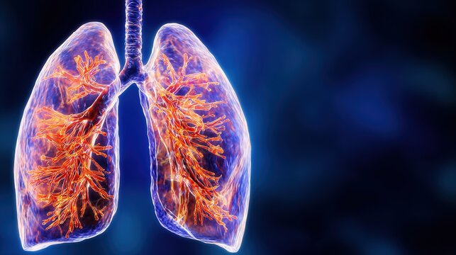 Lung Fibrosis medical 3D illustration showing progressive scarring of lung tissue, interstitial pulmonary fibrosis respiratory disease, damaged alveoli and breathing dysfunction, 