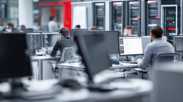 Focused on intricate data networks, skilled technicians meticulously monitor server and computer systems. ..Created with Generative AI, not depicting real subjects.