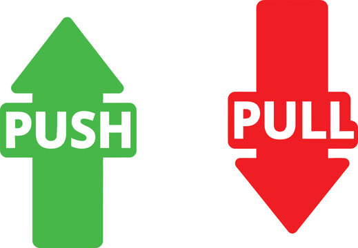 Green push and red pull door signs with arrows for instructions and navigation Vector