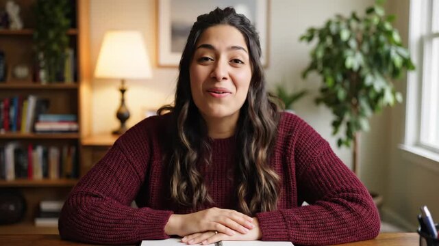 A friendly young woman smiles and gestures during a video call from her home office, conveying engagement and happiness.