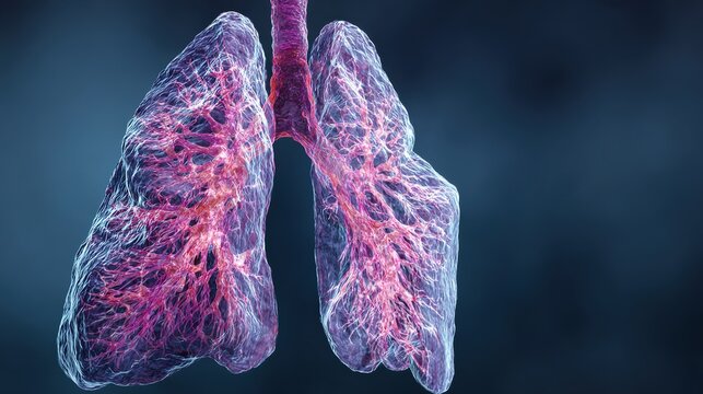 Lung Fibrosis medical 3D illustration showing progressive scarring of lung tissue, interstitial pulmonary fibrosis respiratory disease, damaged alveoli and breathing dysfunction, 