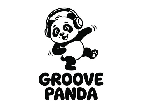 Groove Panda logo with cute dancing bear wearing headphones, black and white cartoon panda character, musical mascot for audio and podcasting