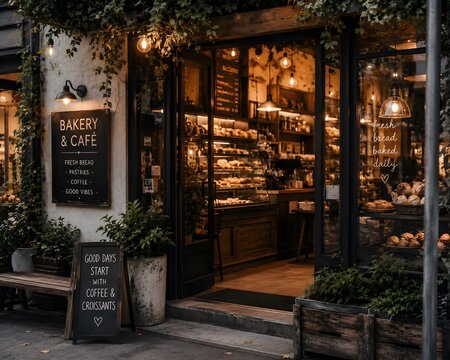 aesthetic bakery caf&eacute; entrance with hanging plants and warm lights, cozy welcoming atmosphere
